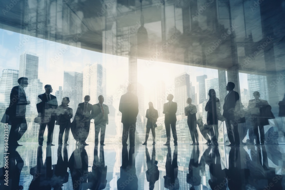 Double exposure image of many business people conference group meeting ...