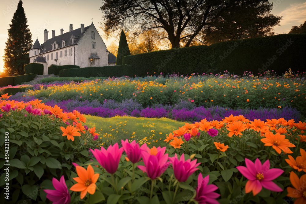 Flower garden, flowerbed close-up near old house, landscaping, beautiful nature in summer. Generative AI. Flower garden, flowerbed close-up near old house, landscaping, beautiful nature in summer. Generative AI.