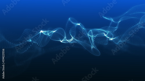 Abstract digital blue color wave with flowing small particles dance motion on wave and light abstract background.