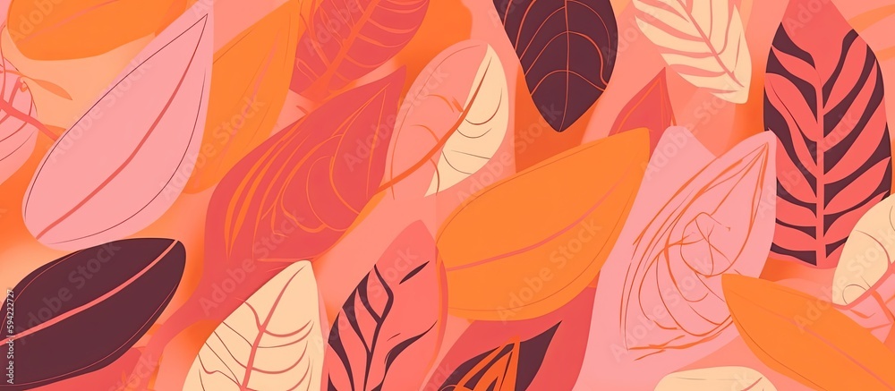 A background featuring pink and peach hues, leaf patterns, bold colors, upper paleolithic inspired art. Generative AI