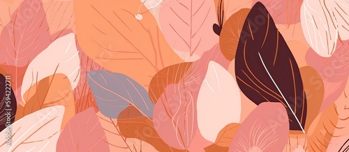 A background featuring pink and peach hues, leaf patterns, bold colors, upper paleolithic inspired art. Generative AI