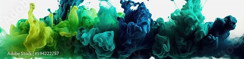 Explosion of colored powder of blue and green tones on a white background. Generative AI