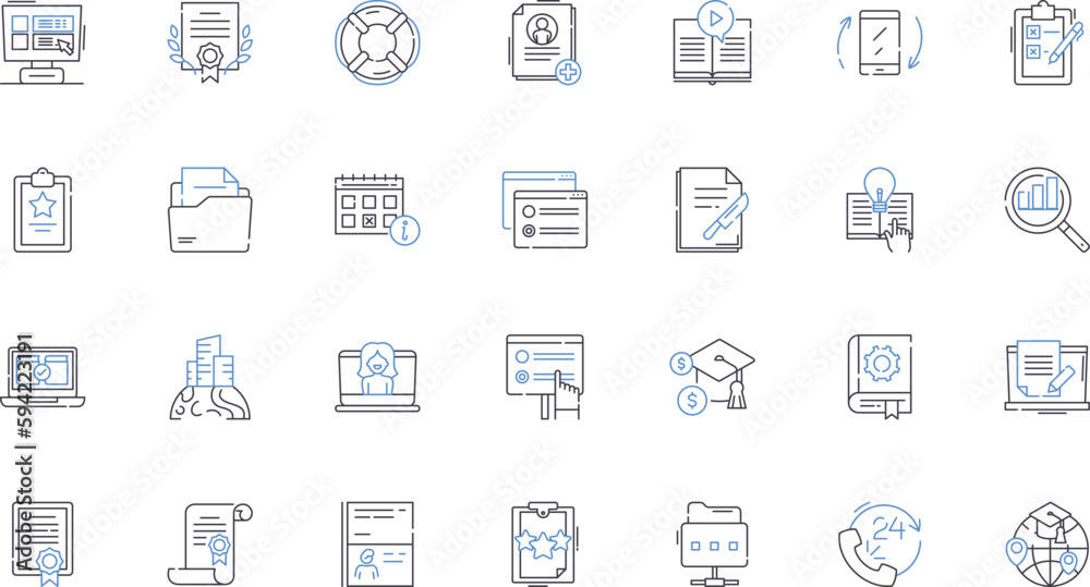 Writing materials line icons collection. Pen, Pencil, Notebook, Journal, Statiry, Ink, Highlighter vector and linear illustration. Marker,Eraser,Paperclip outline signs set