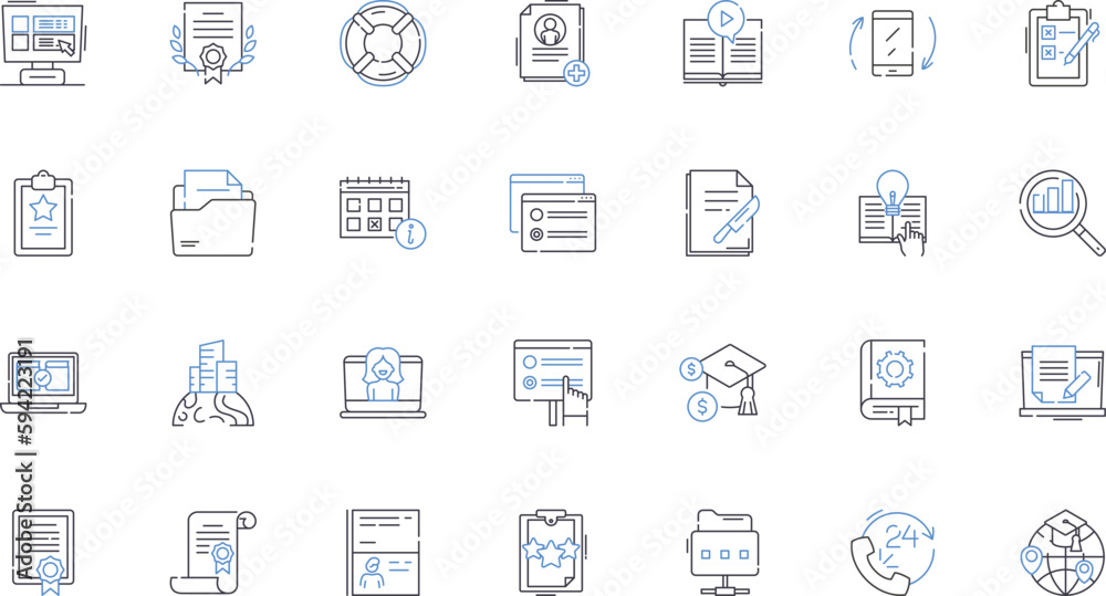 Writing materials line icons collection. Pen, Pencil, Notebook, Journal, Statiry, Ink, Highlighter vector and linear illustration. Marker,Eraser,Paperclip outline signs set Writing materials line icons collection. Pen, Pencil, Notebook, Journal, Statiry, Ink, Highlighter vector and linear illustration. Marker,Eraser,Paperclip outline signs set