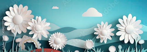 Blue sky  white flowers and clouds depicting a scene of Spring. Generative AI