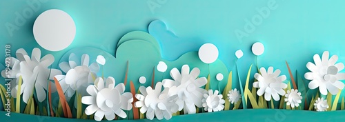 Blue sky, white flowers and clouds depicting a scene of Spring. Generative AI