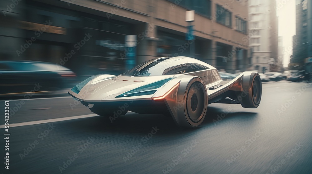 Fast moving in city futuristic flying car blurred motion. AI generated