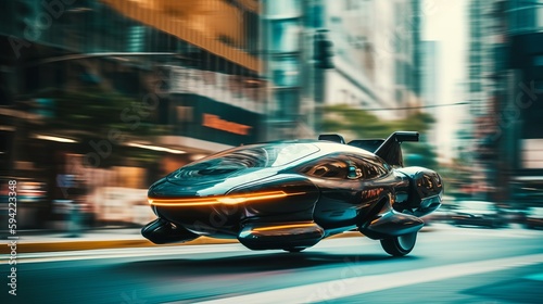 Fast moving in city futuristic flying car blurred motion. AI generated