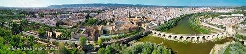 Cordoba, Andalusia. Aerial view of city medieval buildings and bridge on a sunny spring day