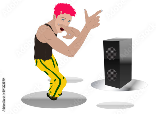 A teenager dances next to a large speaker in an energetic performance