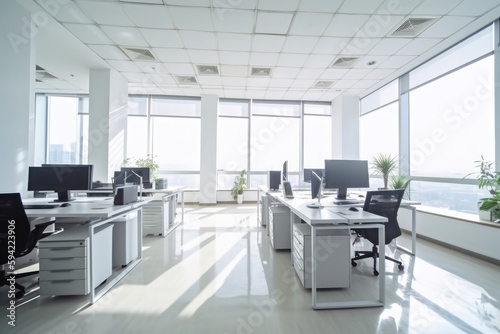 Modern business office interior with tables and computers. Sunlight, large windows, no people. Generative AI