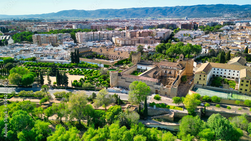 Cordoba, Andalusia. Aerial view of city medieval buildings on a sunny spring day