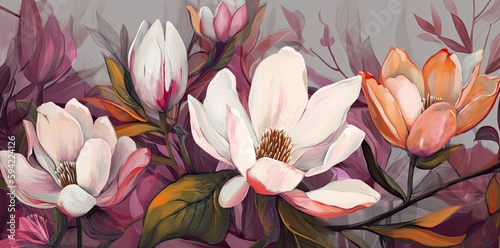 Fototapeta Naklejka Na Ścianę i Meble -  Beautiful floral botanical pattern with magnolia flowers. Spring concept. Generative AI