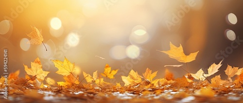 Golden autumn leaves in sunlit sky, perfect. Thanksgiving backdrop with blurred bokeh foliage. Generative AI