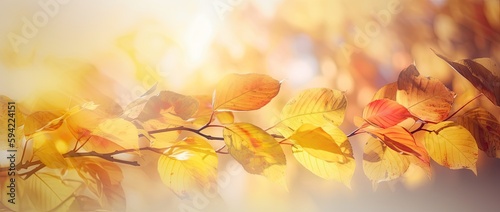 Golden autumn leaves in sunlit sky  perfect. Thanksgiving backdrop with blurred bokeh foliage. Generative AI