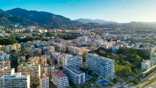 Marbella, Andalusia. Beauiful aerial view of cityscape along the coast at dawn