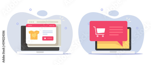 Ecommerce online store shop website page on laptop computer icon vector graphic illustration, digital electronic internet commerce web site product page on screen, storefront order notice message tech