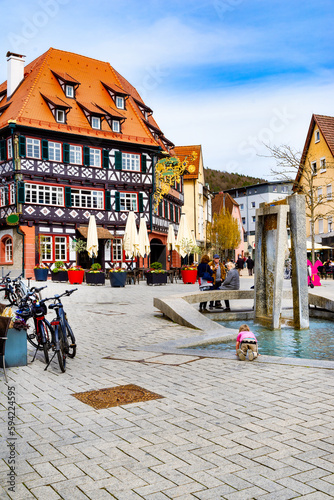 Nagold city center with fountain in spring, Baden Württemberg, Black Forest