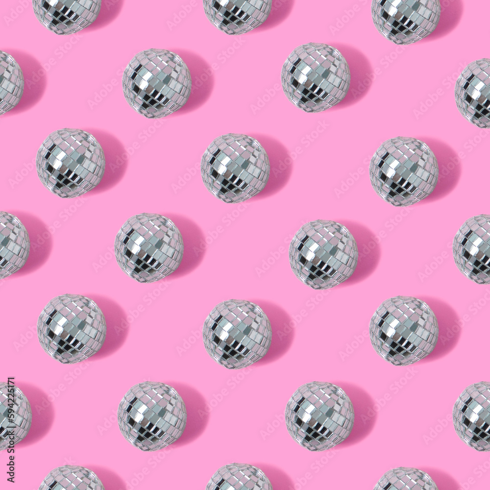 Disco ball pattern on pink pastel background. Minimal party concept. Flat lay. Disco ball pattern on pink pastel background. Minimal party concept. Flat lay.