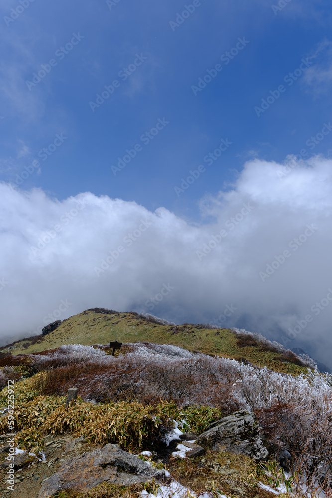 日本の四国にある春先の笹ヶ峰頂上から見た雪が残る風景