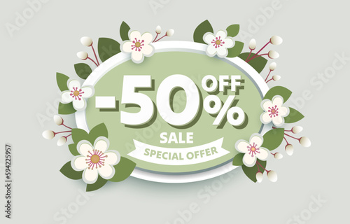Special spring discount as a gift to the buyer, -50 Percentage off sale. Fifty 50% income or 50% off on sale concept. Discount offer price sign. Vector illustration