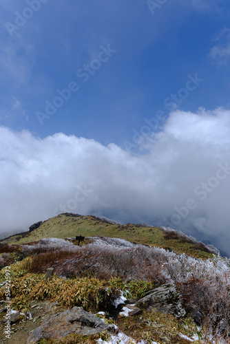 日本の四国にある春先の笹ヶ峰頂上から見た雪が残る風景