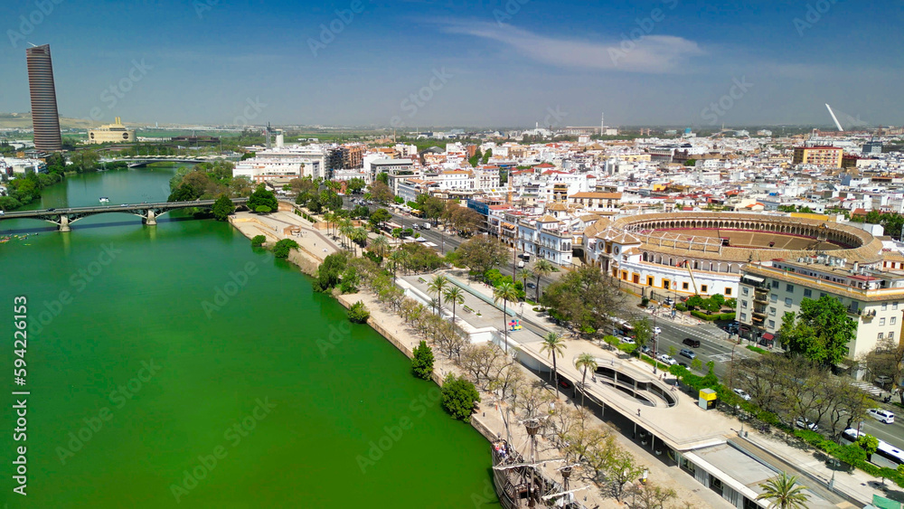 Sevilla, Andalusia. Aerial view of beautiful city streets and buildings on a sunny morning