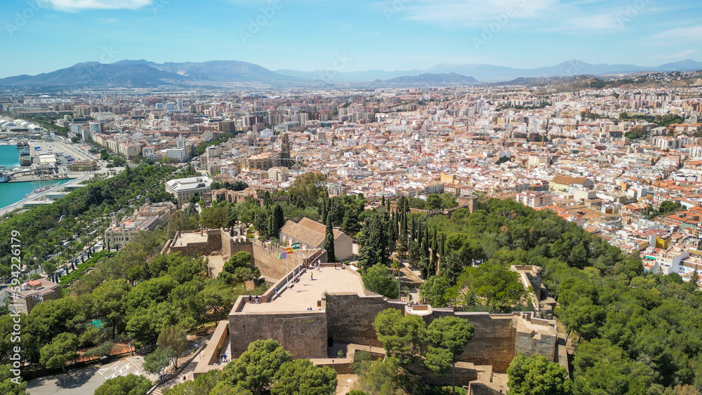 Malaga, Andalusia. Aerial view of city skyline from the castle on a beautiful spring day