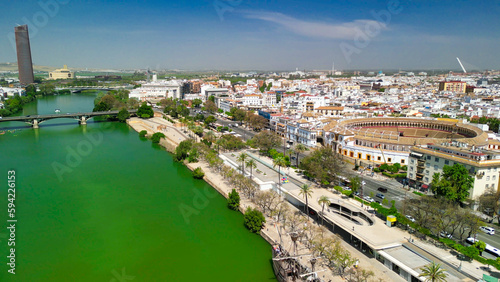 Sevilla, Andalusia. Aerial view of beautiful city streets and buildings on a sunny morning