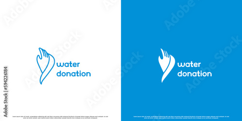 Water donation logo design illustration. Creative silhouette combination of hand and flowing water drop droplet splash. Simple flat modern donate support help pure clean water environment care design.