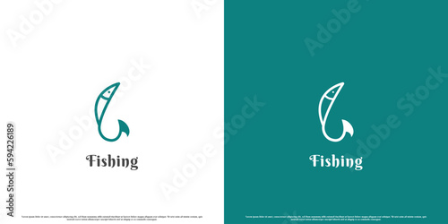 Simple fishing logo design illustration. Creative silhouette of fishing hook and fish simple minimalist flat fishing hobby fishery. Fun outdoor sport hobby design.