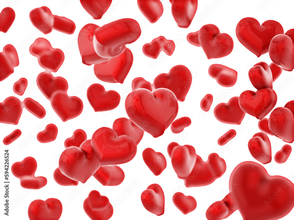 Falling hearts background with DOF effect isolated on transparent background.. 3D illustration