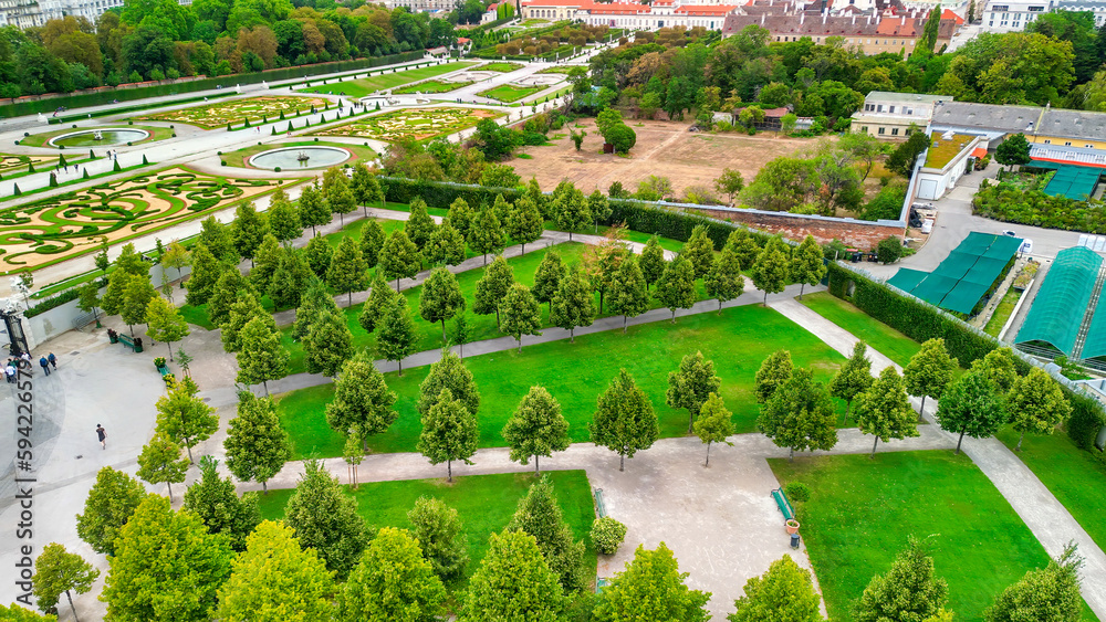 Aerial view of famous Schloss Belvedere in Vienna, built by Johann Lukas von Hildebrandt as a summer residence for Prince Eugene of Savoy