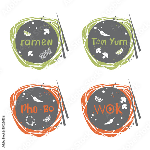 Plate with ramen, tom yum and pho bo. Vector hand drawn icons for restaurant wok menu. Set of stickers with stylized lettering.