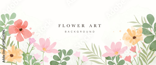 Spring floral art background vector. Botanical watercolor hand drawn flowers, leaves, plants. Blossom design illustration for wallpaper, banner, print, poster, cover, greeting and invitation card.