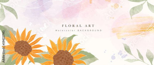 Spring floral art background vector. Botanical watercolor hand drawn sunflowers, leaves, plants. Blossom design illustration for wallpaper, banner, print, poster, cover, greeting and invitation card.