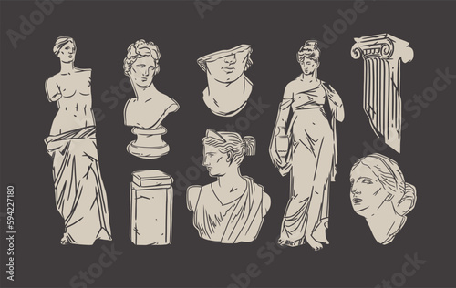 Hand drawn vector abstract outline,graphic,line greek ancient sculpture statue line art modern drawing set.Antique classic statues in trendy line style,outline design concept.Antique statue design.