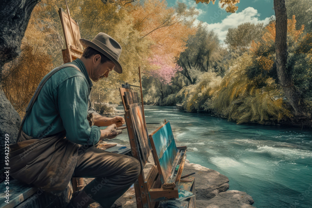 Künstler Maler der ein Bild malt Gestaltung Art Digital Art Hintergrund Wandbild Cover Generative AI Naturbild Illustration