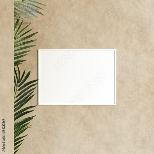 Living room interior with plant and shadow with decoration  mockup poster frame hanging on the wall