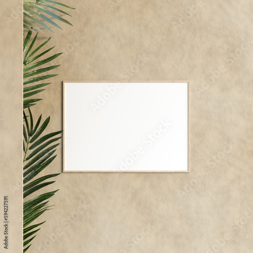 Living room interior with plant and shadow with decoration  mockup poster frame hanging on the wall