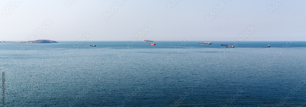Seascape with vessels on the roadstead.