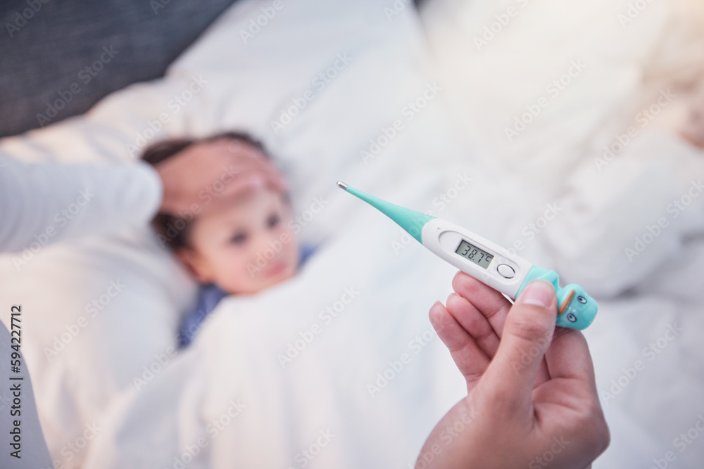 Parent, hands and thermometer with sick child, flu or fever lying on bed under monitoring care at home. Hand of adult checking temperature of kid for illness, healthcare or virus in love and support Parent, hands and thermometer with sick child, flu or fever lying on bed under monitoring care at home. Hand of adult checking temperature of kid for illness, healthcare or virus in love and support