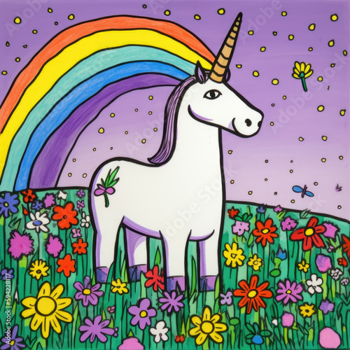 Cartoon unicorn and rainbow. Kid's drawing style. Generative AI illustration