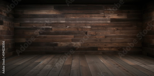 Dark wooden empty room background. Generative AI © Evarelle