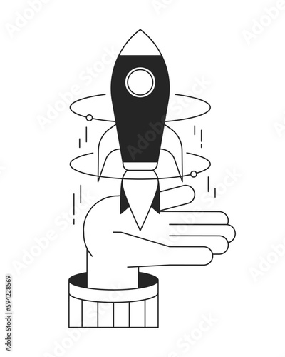 Startup founder bw concept vector spot illustration. Entrepreneur company 2D cartoon flat line monochromatic first view hand for web UI design. Editable hero image for landing page, mobile header