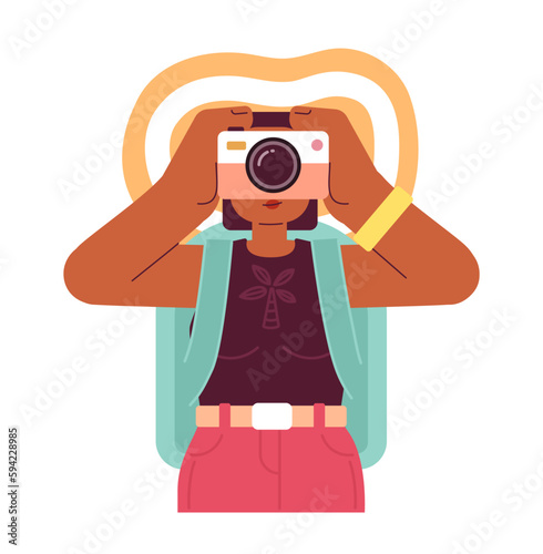 Female traveler capturing holiday memories on camera semi flat colorful vector character. Editable half body person on white. Simple cartoon spot illustration for web graphic design and animation