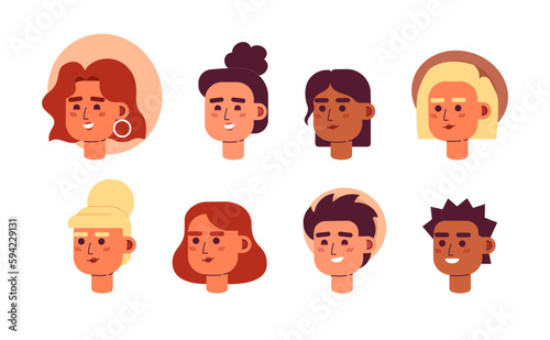 Tourists students semi flat vector character head pack. Travellers. Editable cartoon style face emotions. Simple colorful avatar icons. Spot illustration bundle for web graphic design, animation
