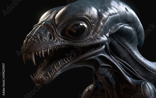 alien's head in the space of a black, in the style of hard surface modeling © Fotostockerspb