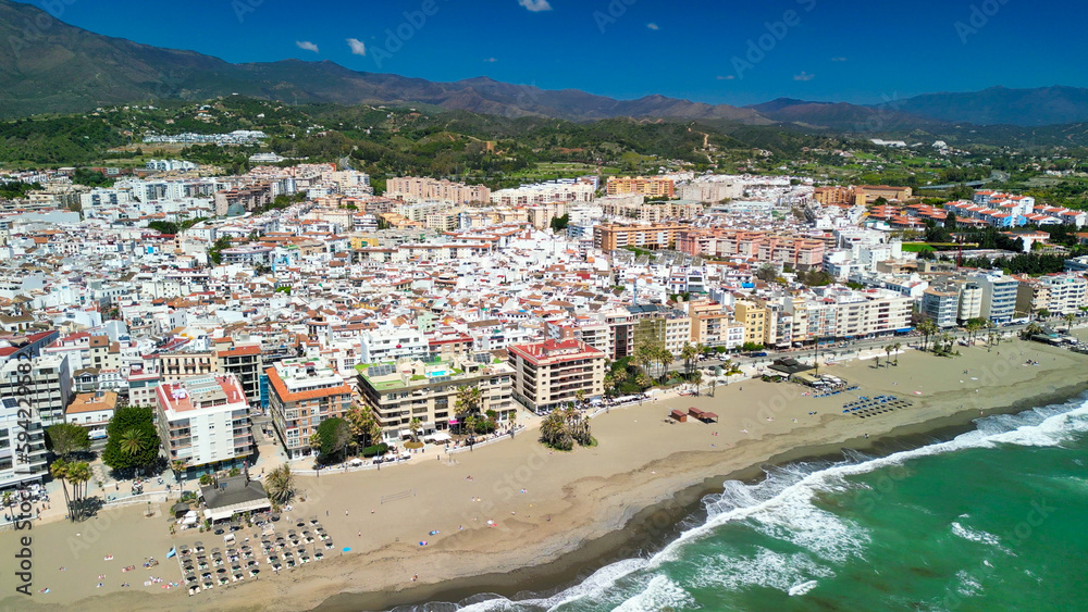 Estepona, Andalusia. Beautiful aerial view of cityscape along the coast in the morning