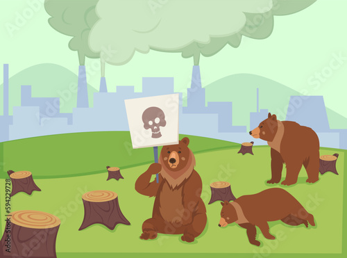 Sad comic bears suffering from air pollution and deforestation. Wild animal holding placard with skull  dangerous human activity vector illustration. Wildlife  nature  extinction  environment concept
